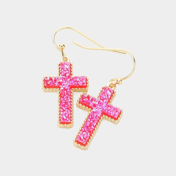 NEW Druzy Stone Sparkle Cross Pink Gold Dipped Bracelet Necklace & Earrings SET - Picture 5 of 7